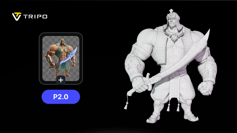 TRIPO P2.0生成持刀战士角色3D线框模型，展示多角度旋转视角