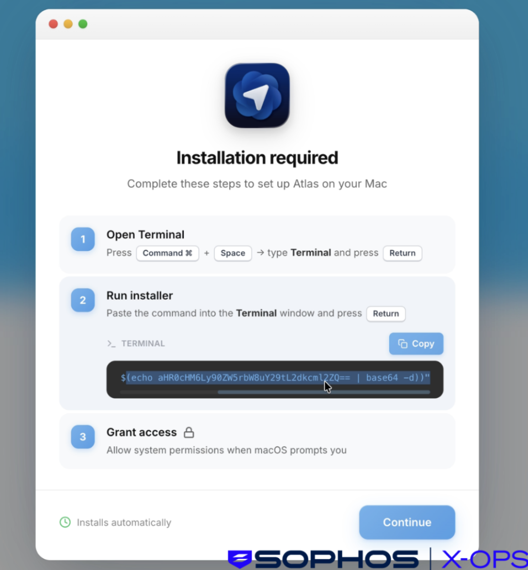 虚假macOS安装向导界面，要求用户在终端执行解码命令