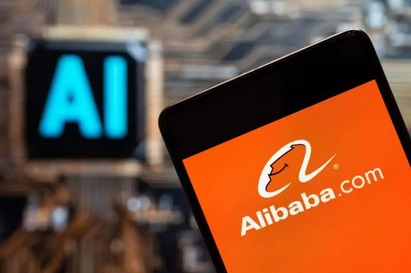 手持手机展示Alibaba标识,背景有AI字样