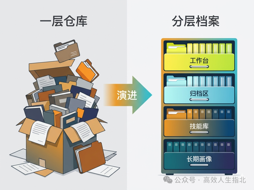 从混乱堆叠到清晰分层：记忆架构演进示意图