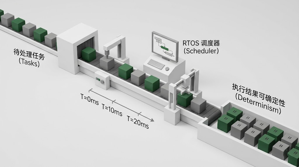 RTOS任务调度流程与确定性示意图