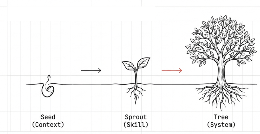 系统生长三阶段:种子、幼苗、大树