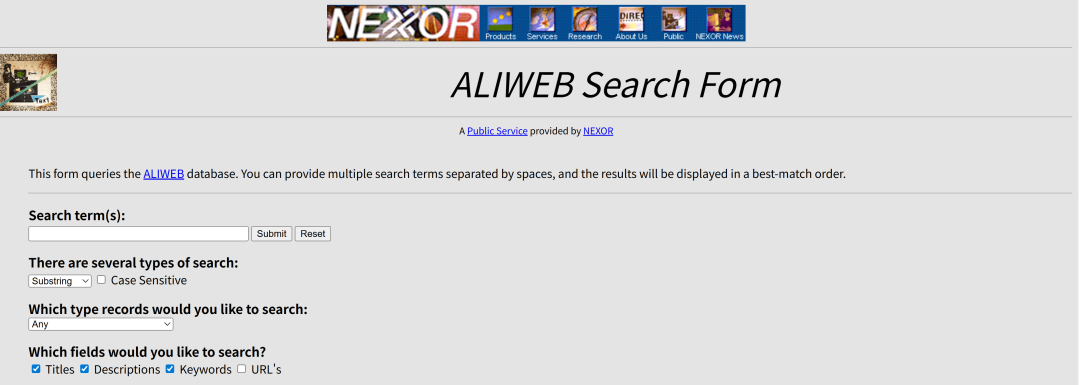 世界上第一个Web搜索引擎ALIWEB的搜索表单界面