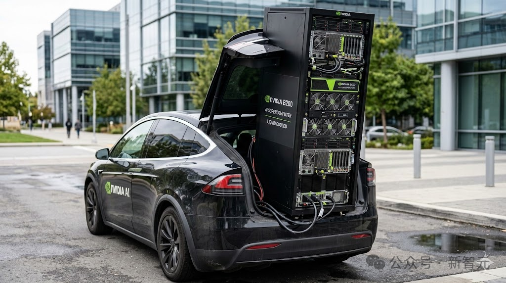 雨夜中未来感十足的黑色跑车，车身带有AI字样和全息投影