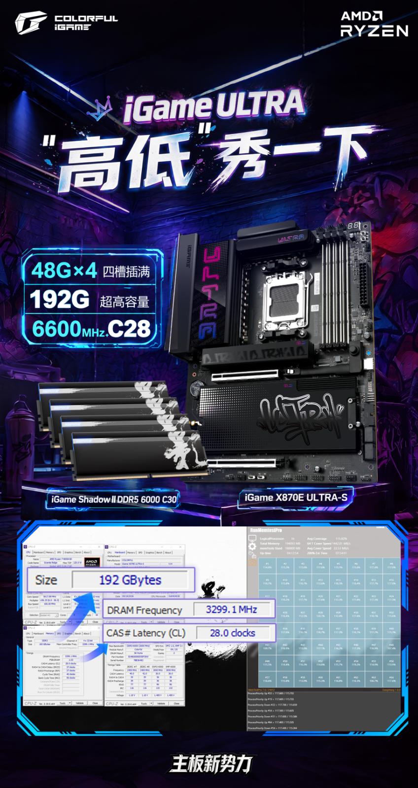 七彩虹iGame X870E ULTRA-S主板与iGame Shadow II DDR5 192GB内存套装宣传图