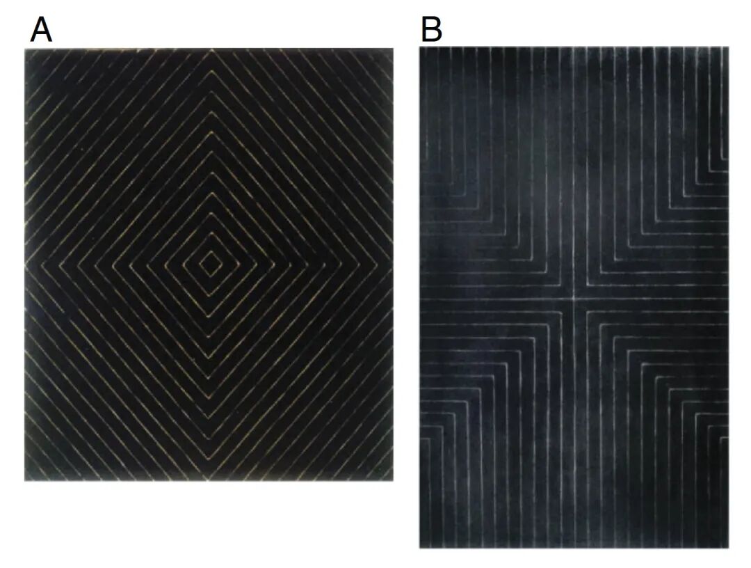 弗兰克·斯特拉原始《黑色绘画》系列中的两件作品示例:《吉尔》与《高举旗帜》