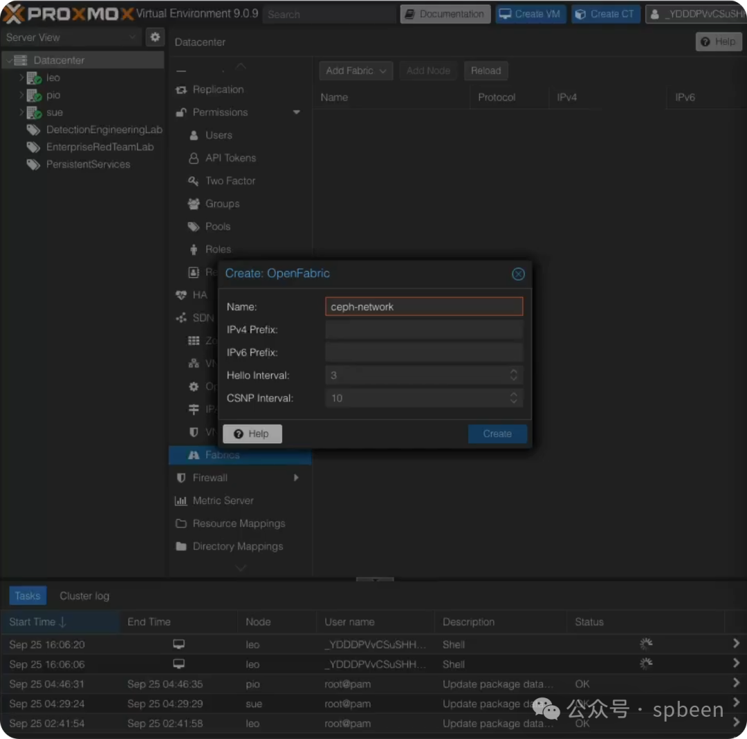 Proxmox VE 9.0.9 创建 OpenFabric 网络界面