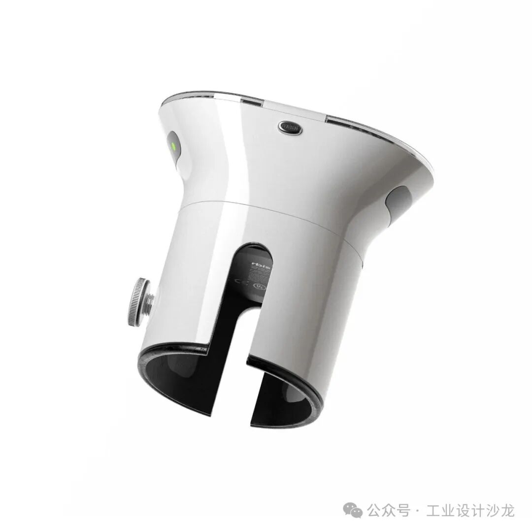 带银色旋钮和绿色指示灯的白色漏斗状设备