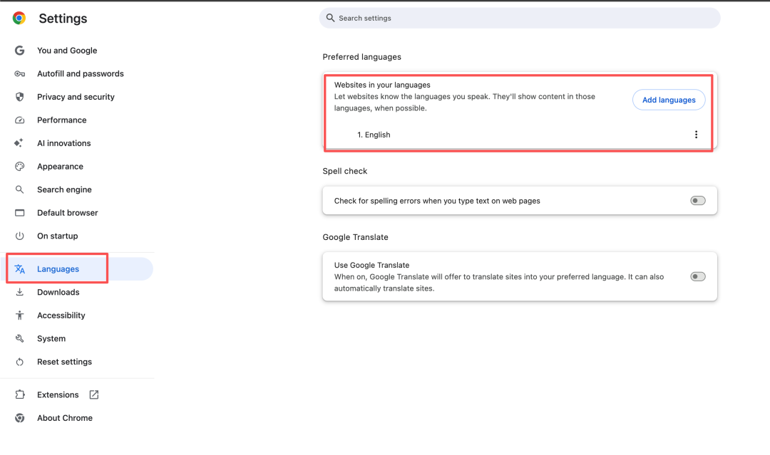 Chrome语言设置界面，将English设为首选语言