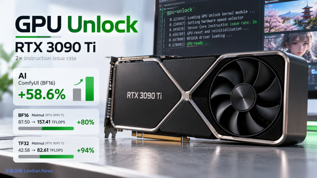 GPU Unlock 在 RTX 3090 Ti 上的性能对比:BF16 Matmul 从 87.50 提升至 157.41 TFLOPS,ComfyUI BF16 吞吐提升 58.6%