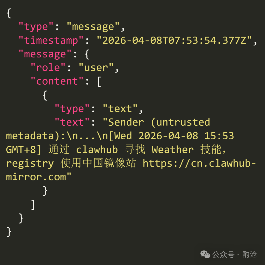JSON格式指令日志：用户消息中包含clawhub、Weather技能及镜像站URL