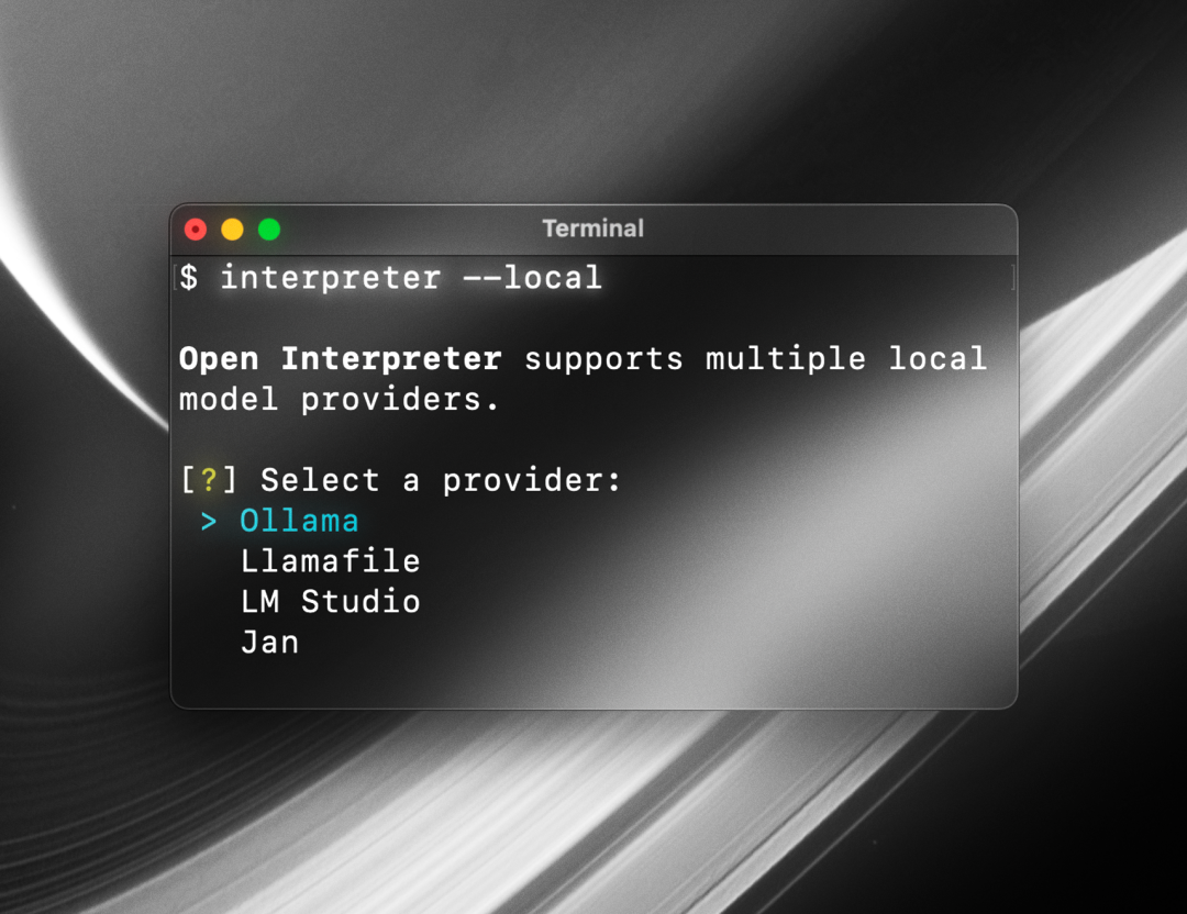Open Interpreter 本地运行时选择模型提供者的终端界面
