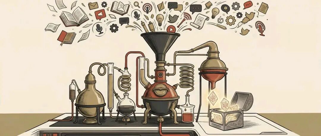 一幅描绘知识蒸馏的复古风格插画，象征信息提炼过程