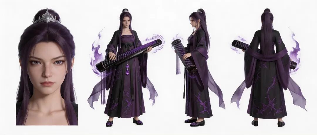 紫发抚琴女性角色三视图