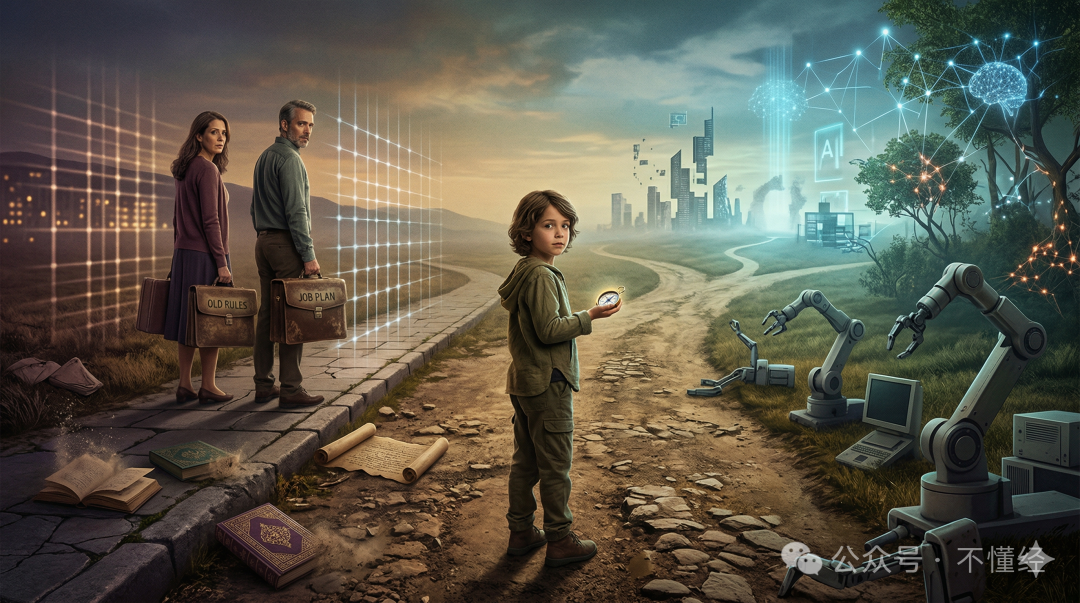 AI时代教育路径抉择科幻插画