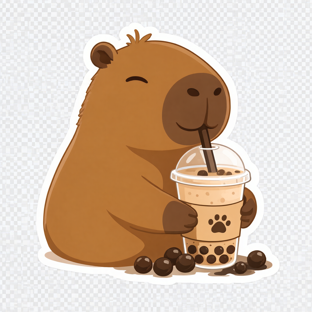 透明底 PNG 生成示例:水豚喝珍珠奶茶卡通贴纸