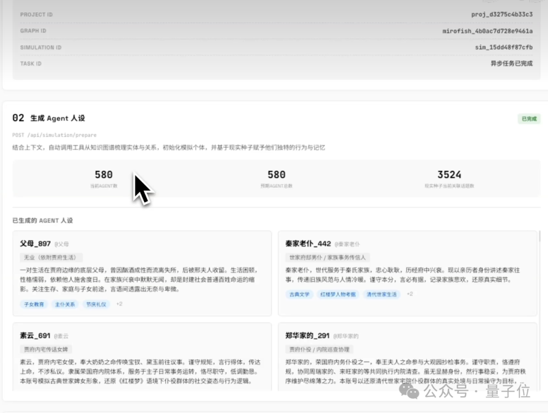 Agent生成任务完成界面，显示已生成的各类人设卡片