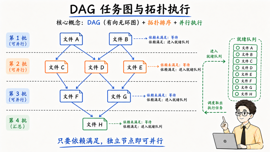 DAG任务图与拓扑执行示意图，核心是有向无环图+拓扑排序+并行执行