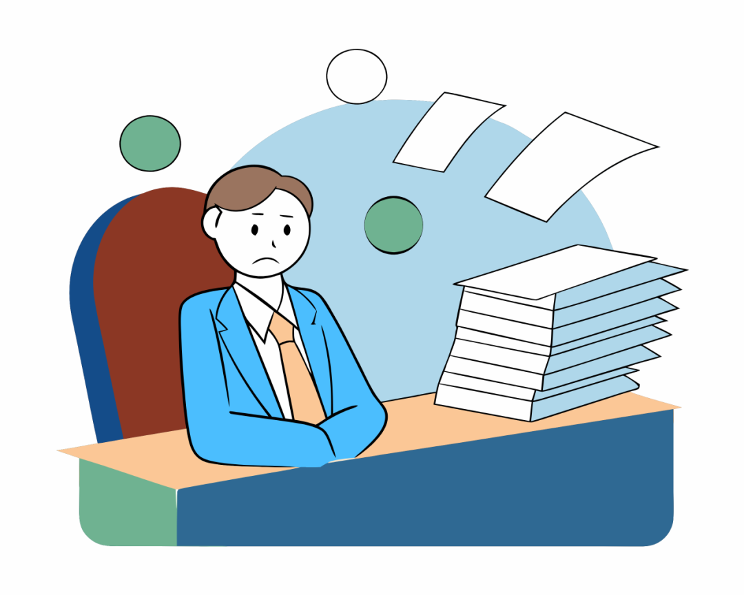 卡通风格的工作压力插画，人物被文件包围