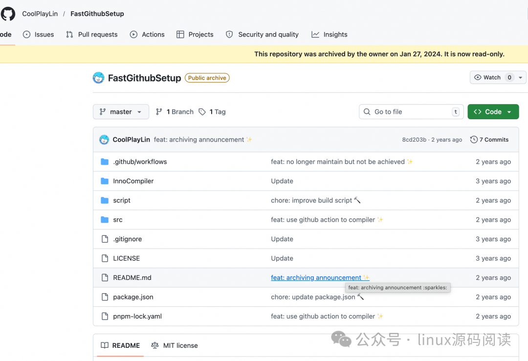 FastGithub项目在GitHub上显示为已归档状态