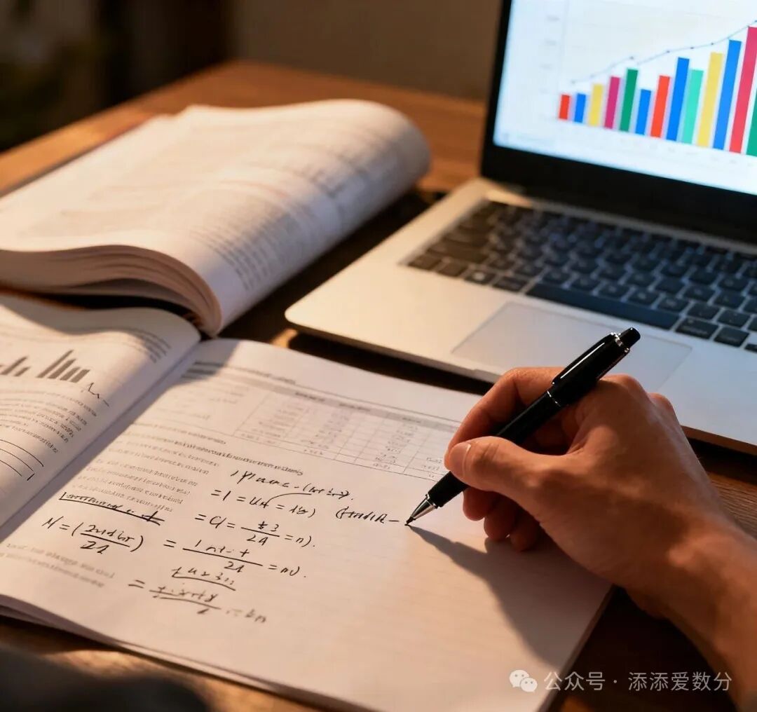 数据分析学习桌面场景:手写数学公式与笔记本电脑显示图表