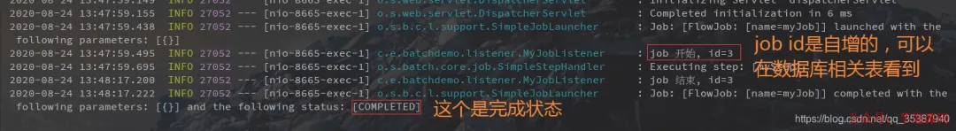 终端日志截图：包含 `[COMPLETED]` 状态及 `Job [FlowJob] launched...` 信息