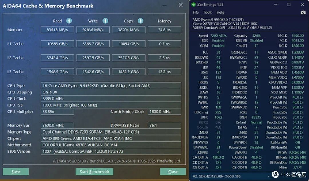 AIDA64 与 ZenTimings 联合截图：DDR5 7200 C38 高频尝试，读取 83618 MB/s