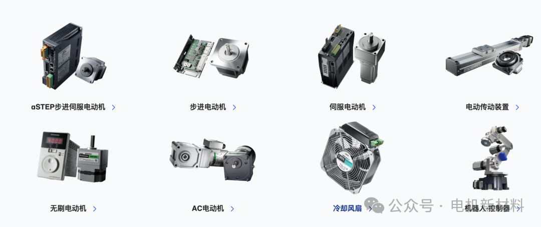 东方马达产品概览图，展示αSTEP步进伺服电动机等八大类产品