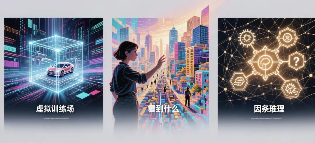 三张并列插画，分别象征虚拟训练场、空间感知和因果推理