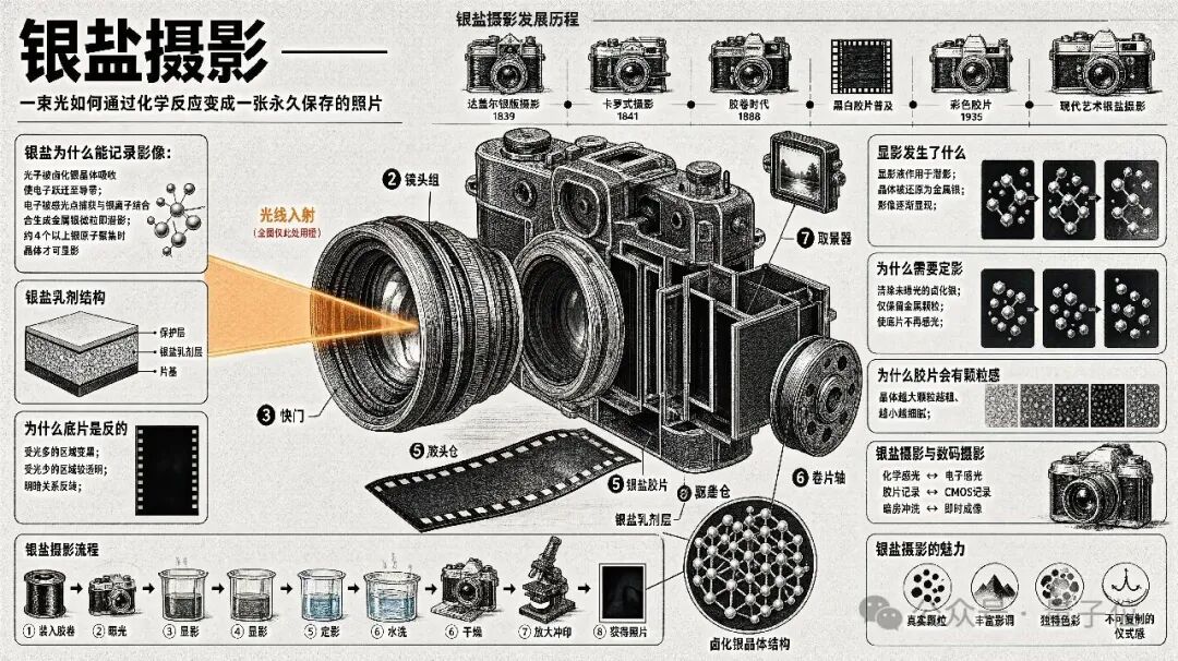 银盐摄影原理与流程科普信息图,复古手绘风格解析相机结构、显影定影步骤及胶片颗粒感