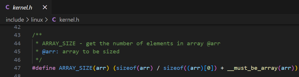 Linux内核头文件中ARRAY_SIZE宏定义的代码截图