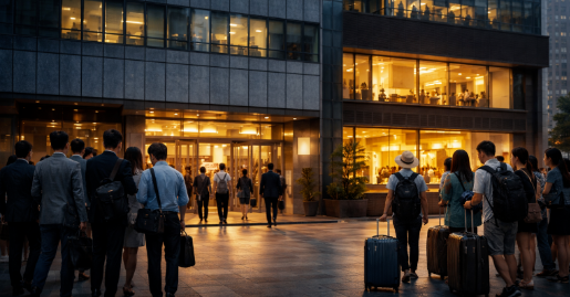 夜晚繁忙的都市写字楼区域