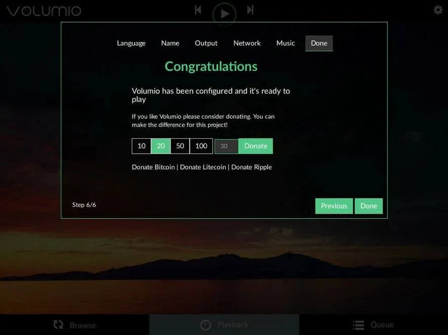 Volumio首次设置完成界面