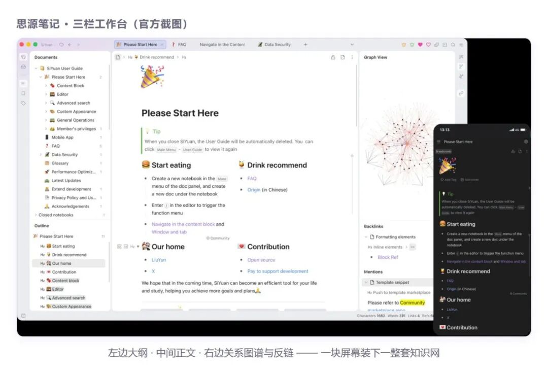思源笔记三栏工作台界面截图：左侧大纲导航、中间正文编辑区、右侧关系图谱与反向链接面板