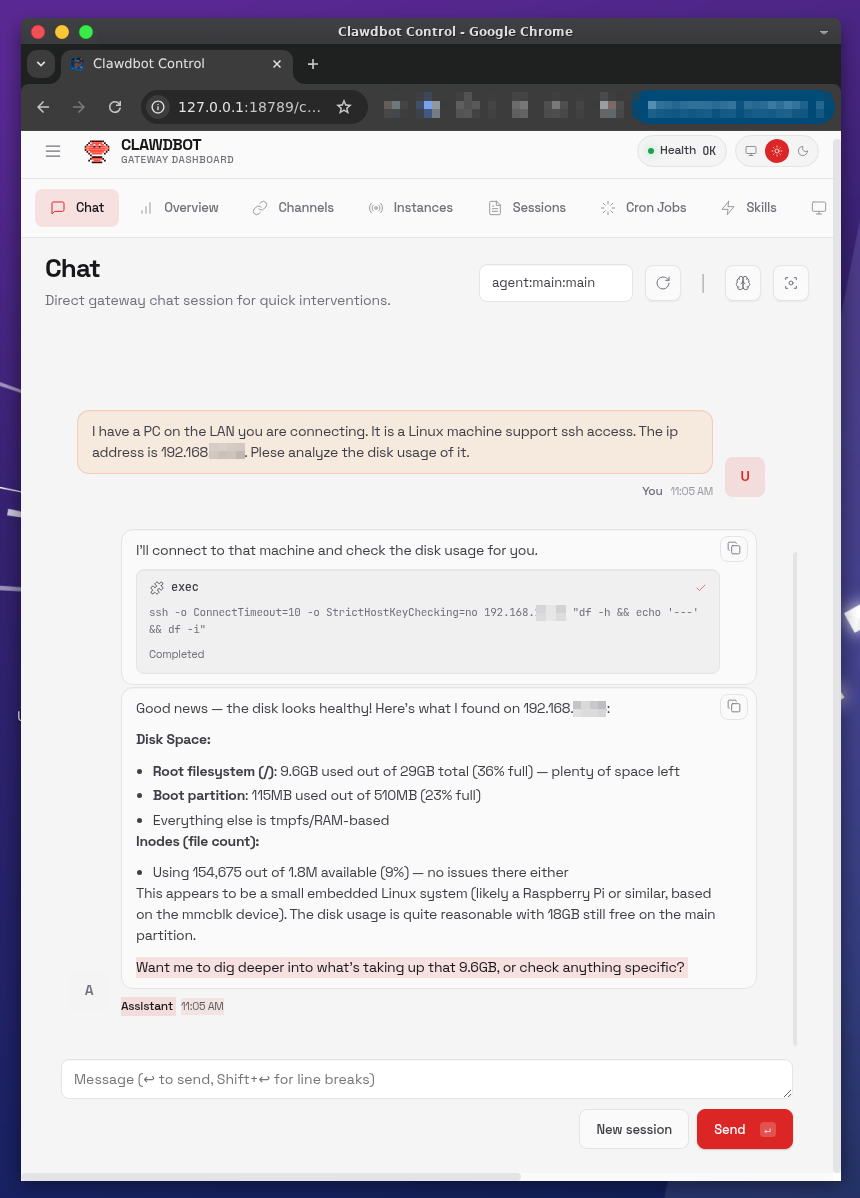 Clawbot Gateway Dashboard界面截图，展示AI助手通过SSH分析Linux服务器磁盘使用情况