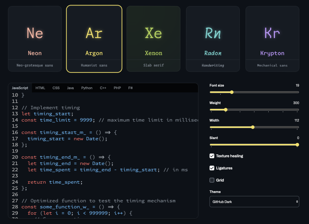 Monaspace 五种字体变体配置界面