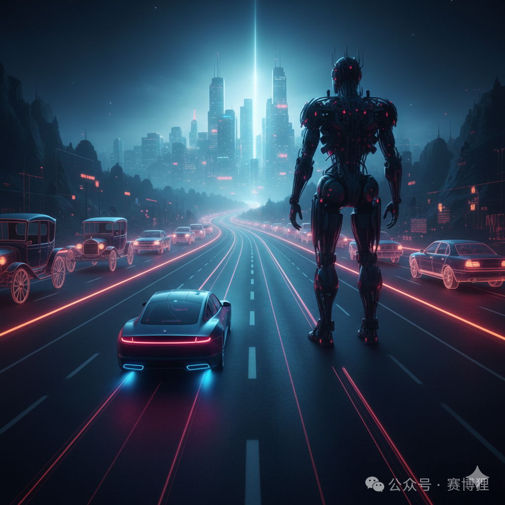 赛博朋克风格城市中的巨型机械生物