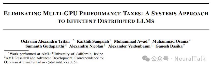论文标题页《Eliminating Multi-GPU Performance Taxes: A Systems Approach to Efficient Distributed LLMs》