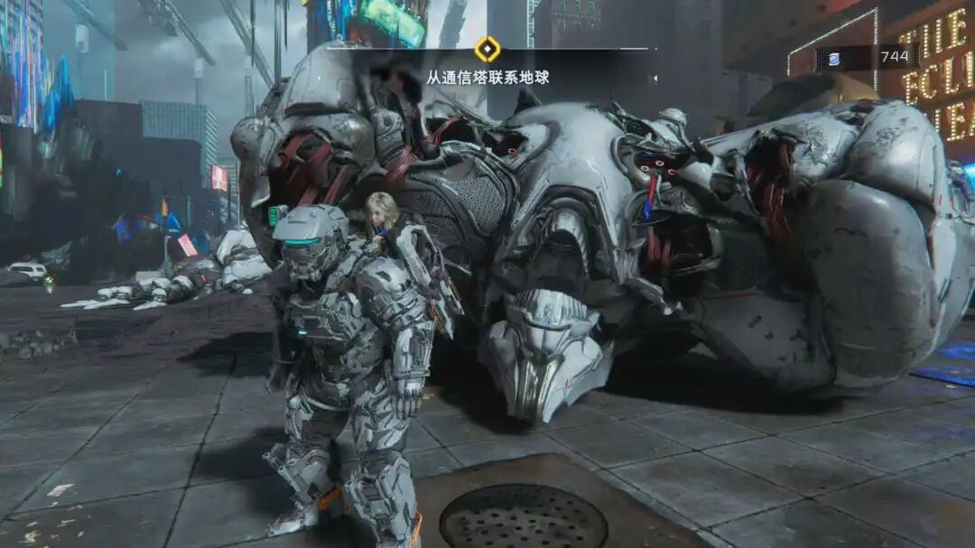 游戏场景，机甲战士站在巨型外星残骸前