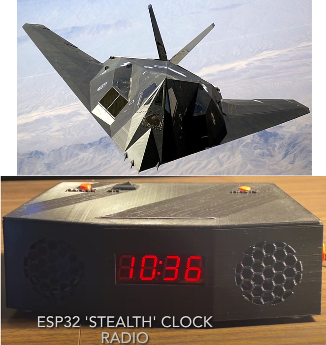 融合了隐形战机与科技感的ESP32 Stealth时钟收音机正面