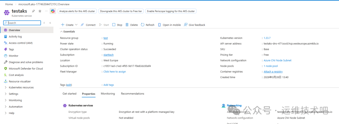 Azure Kubernetes Service (AKS) 仪表盘截图，显示名为 'testaks-1774630447219' 的集群概览页面。左侧导航栏包含 Overview、Activity log、Access control (IAM)、Tags、Monitor 等选项