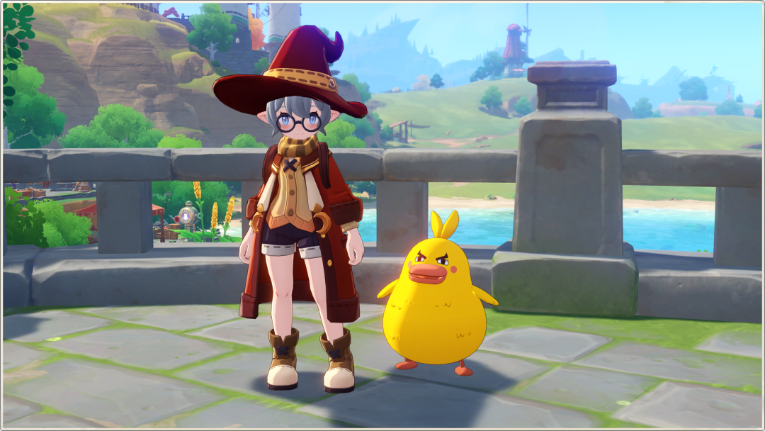 游戏内角色与一只表情生动的宠物鸭合影