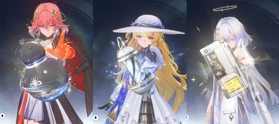 三个动漫风格角色，手持不同造型的智能终端