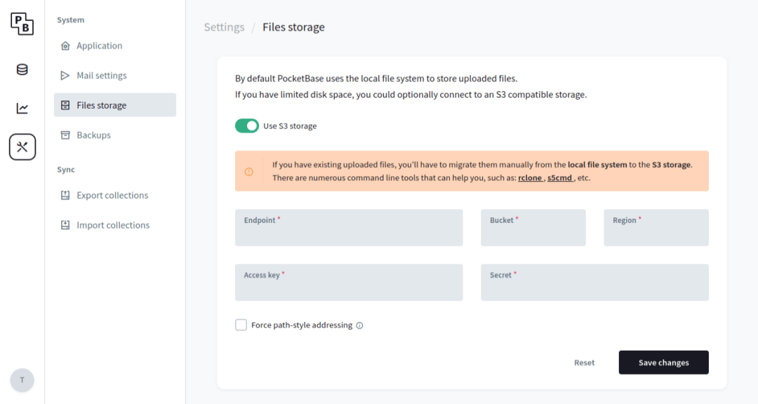 PocketBase 文件存储设置界面