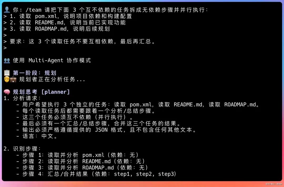 终端界面：Multi-Agent协作模式下任务拆分，规划者分析读取pom.xml、README.md、ROADMAP.md三个并行任务