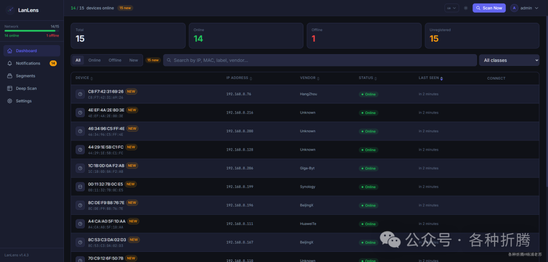 扫描完成后 LanLens 显示设备列表，共15台设备在线