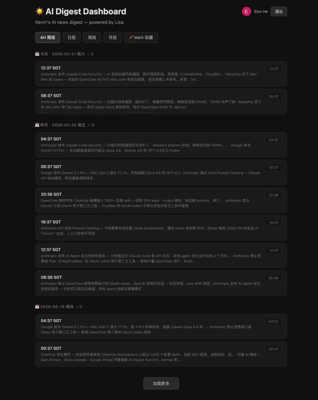 ClawFeed摘要仪表板