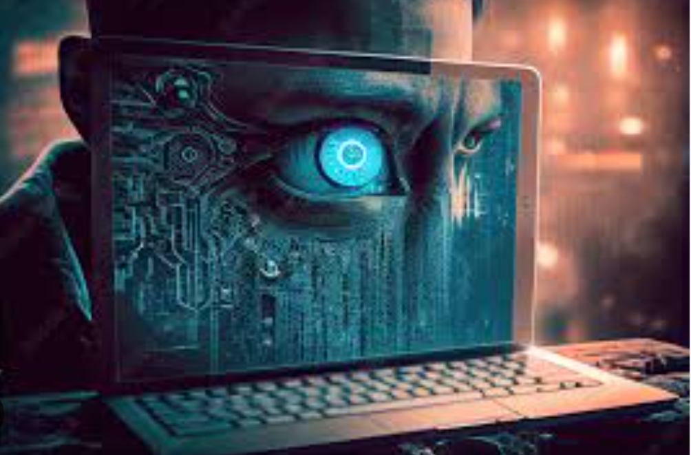 一台笔记本电脑屏幕上显示着具有机械和电路纹理的蓝色发光眼睛