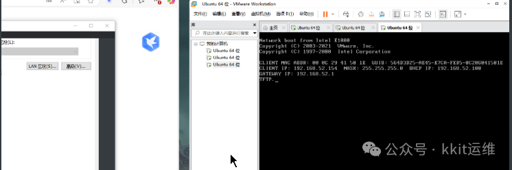 PXE客户端启动界面,显示从Intel网卡进行网络引导,并获取到IP地址等网络参数