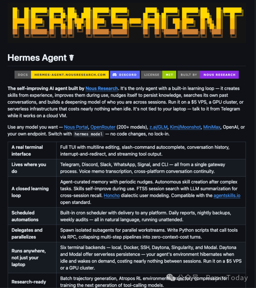 Hermes Agent产品功能概览图